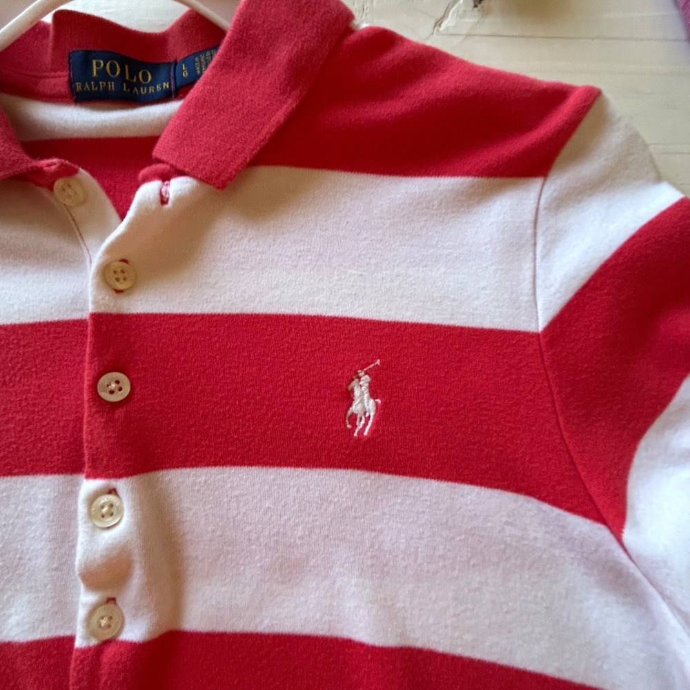 Polo Ralph Lauren Coral White Striped Polo Dress Womens Large Short Sleeve Pony - Picture 7 of 7